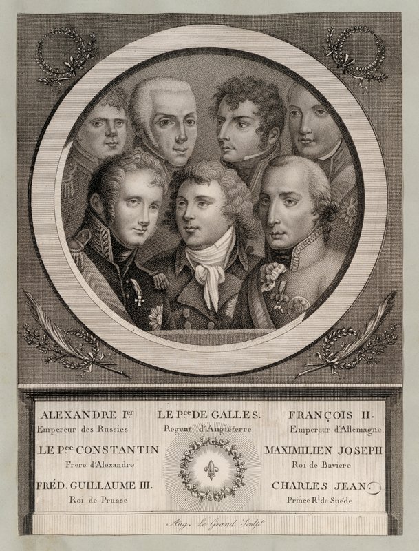 Europeiska kungligheter i början av 1800-talet: Tsar Alexander I av Ryssland; George, prins av Wales, regent till kung George III; Frans II, tysk-romersk kejsare; storhertig Konstantin Pavlovitj av Ryssland; Maximilian Joseph, kung av Bayern och kurfurste  av European School