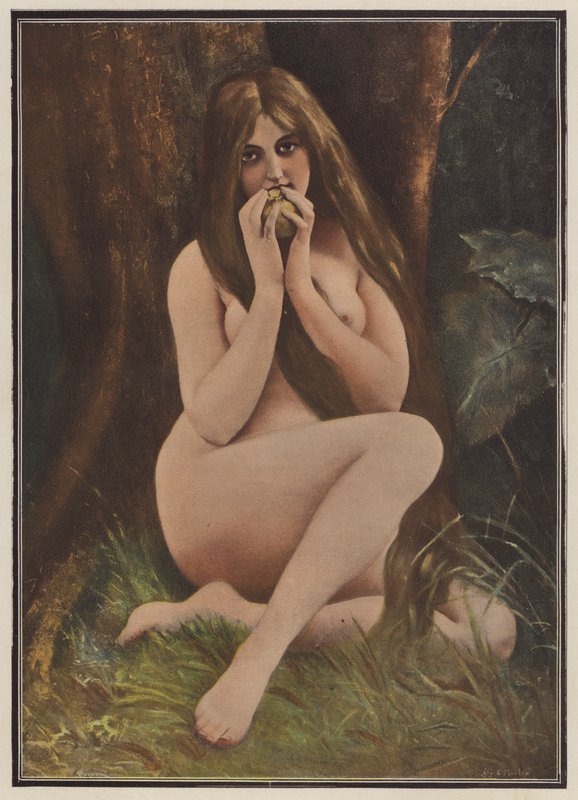Eva, i Edens lustgård (färg litho) av European School