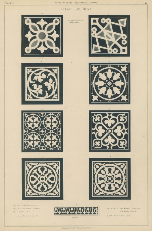 Exempel på inlagd trottoar från dopkapellet och kyrkan San Miniato al Monte, Florens, och katedralen i Lucca, Italien (litho) av European School