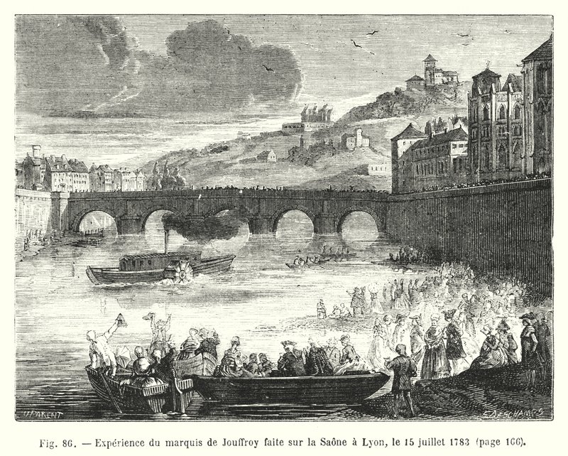 Erfarenhet av markisen de Jouffroy gjord på Saone i Lyon, 15 juli 1783 (gravyr) av European School