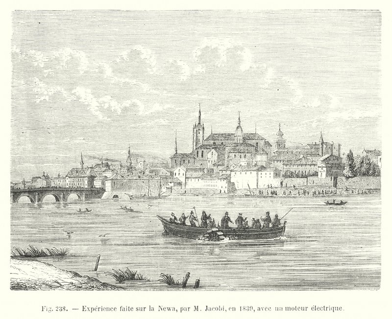 Erfarenhet gjord på Newa, av M Jacobi, 1839, med en elektrisk motor (gravyr) av European School