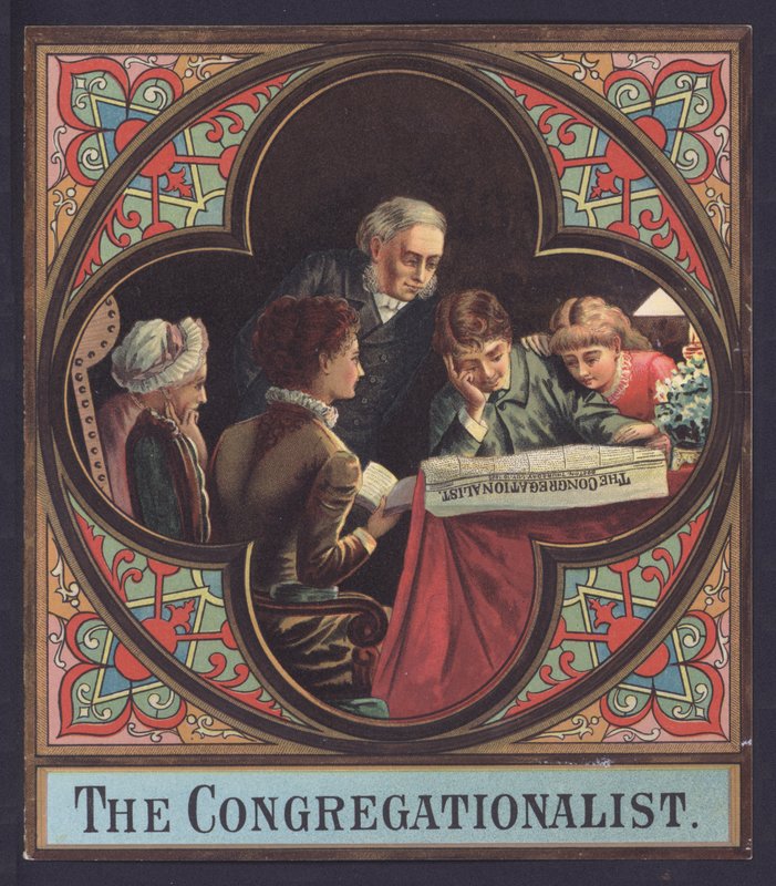 Familjen läser en kopia av The Congregationalist (chromolitho) av European School