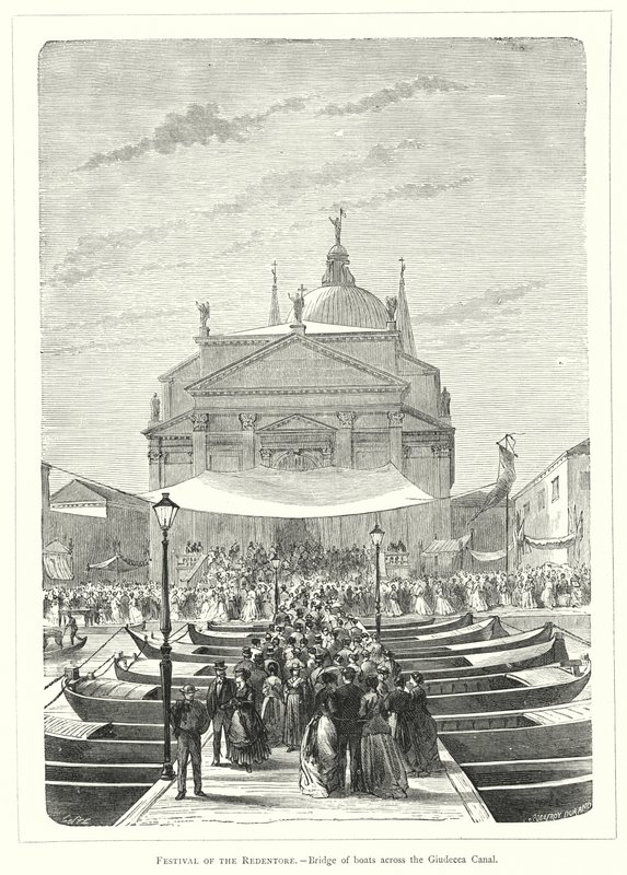 Festival of the Redentore, bro av båtar över Giudecca-kanalen (gravyr) av European School