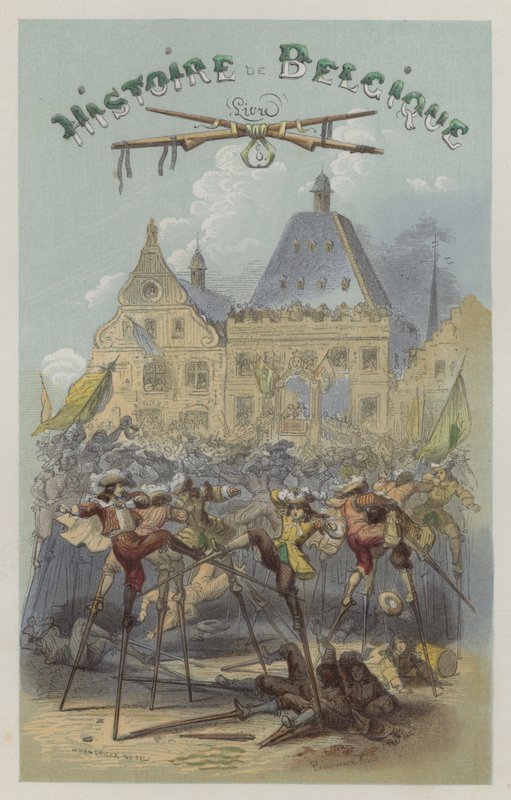 Slåss på styltor i Namur (färgad gravyr) av European School