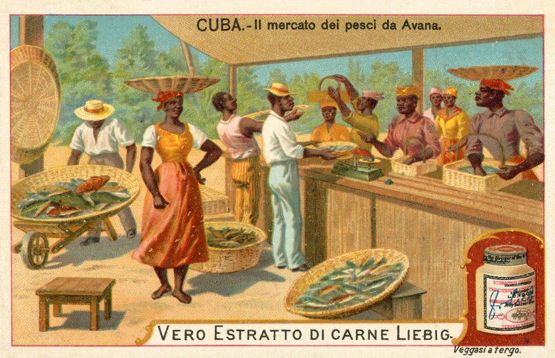 Fiskmarknaden i Havanna, Kuba (chromolitho) av European School