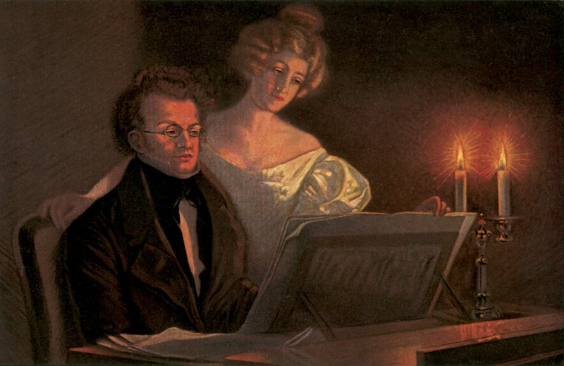 Franz Schubert vid pianot (färglitografi) av European School