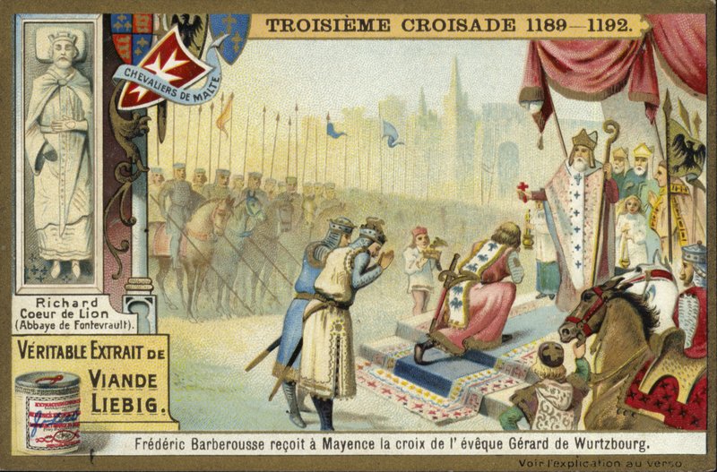 Frederick Barbarossa tar korset från biskopen av Wurzburg, Mainz, Tyskland, tredje korståget, 1188 av European School