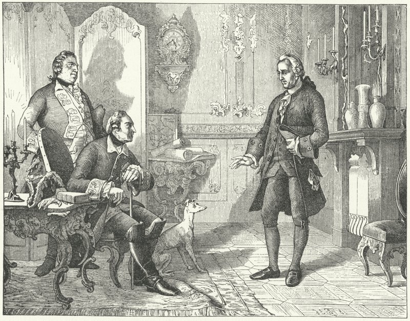 Fredrik den store av Preussen med poeten Christian Furchtegott Gellert av European School