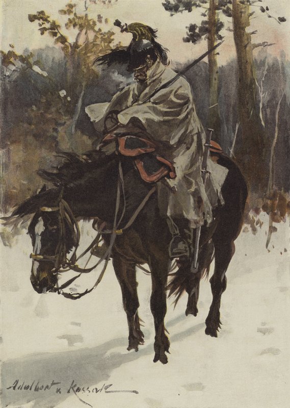 Fransk Cuirassier on Sentry Duty (1812) (färg litho) av European School