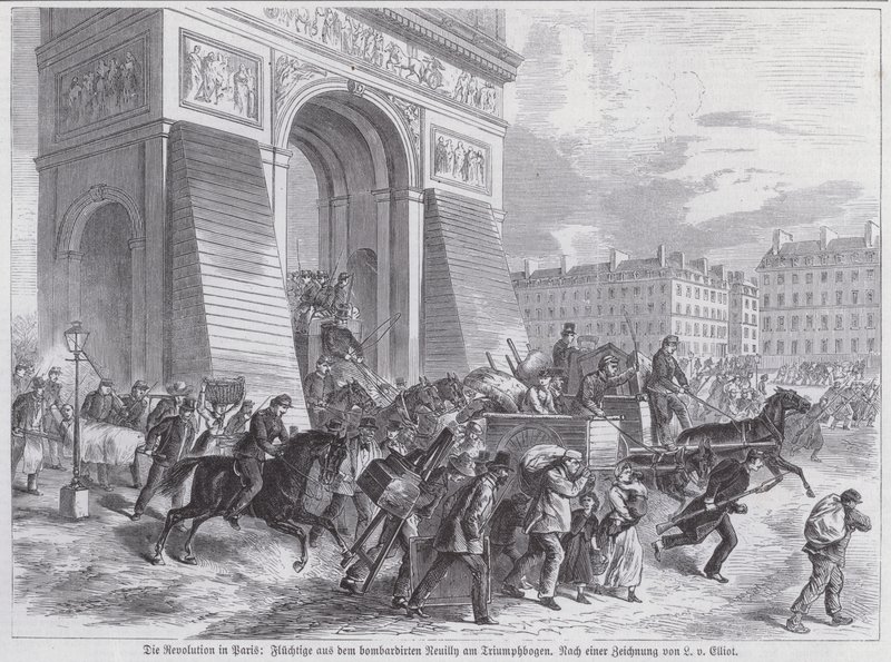Flyktingar från den franska arméns bombardemang av Neuilly som passerade Triumfbågen, Paris kommun, april 1871 (gravyr) av European School