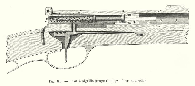 Nålpistol, halv naturlig storlek skuren (gravyr) av European School