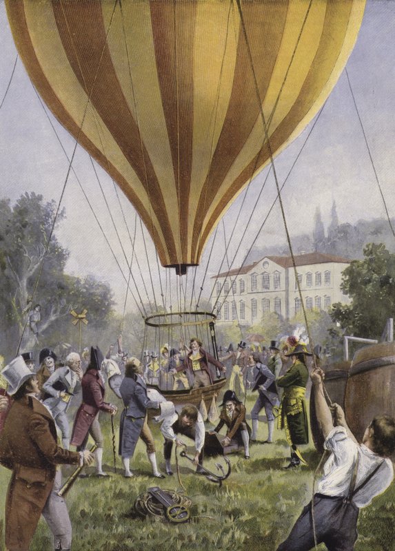 Gay-Lussacs ballonguppstigning från Paris, 9 september 1804 (färg litho) av European School