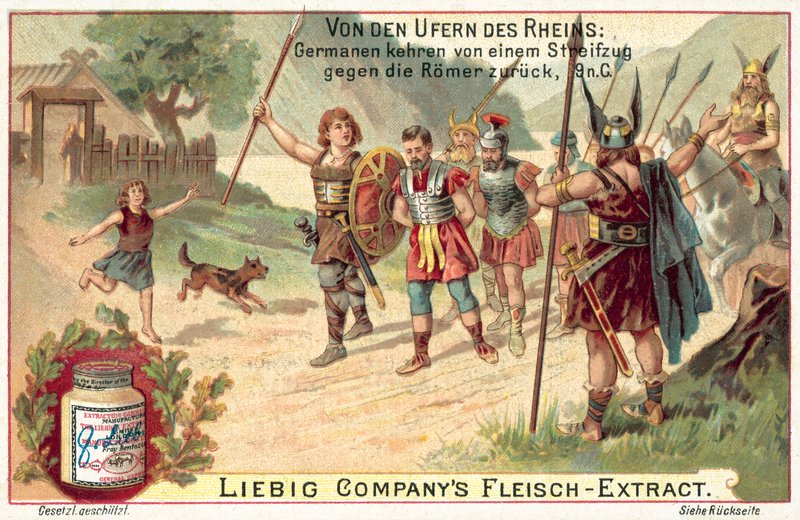 Germanska krigare som återvänder från en räd mot romarna, 9 AD (chromolitho) av European School