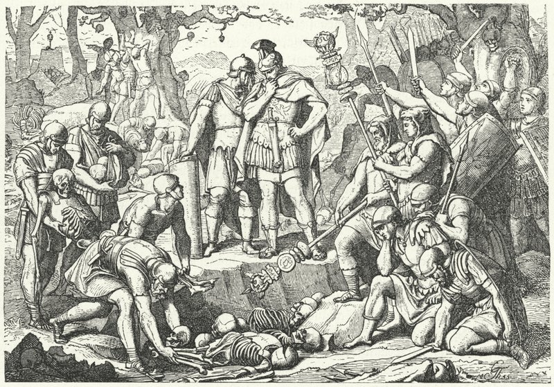 Germanicus begraver benen av soldater från de tre romerska legionerna under befäl av Publius Quinctilius Varus som förstördes av tyskarna i slaget vid Teutoburgerskogen år 9 f.Kr. (gravyr) av European School