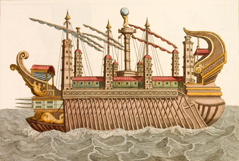 Jätte pråm av den romerske kejsaren Caligula (färgad gravyr) av European School