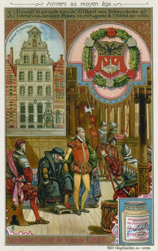 Gilbert van Schoonbeke och pensionären Jacob Maes tar sin tillflykt från befolkningen i stadshuset, 1500-talet av European School