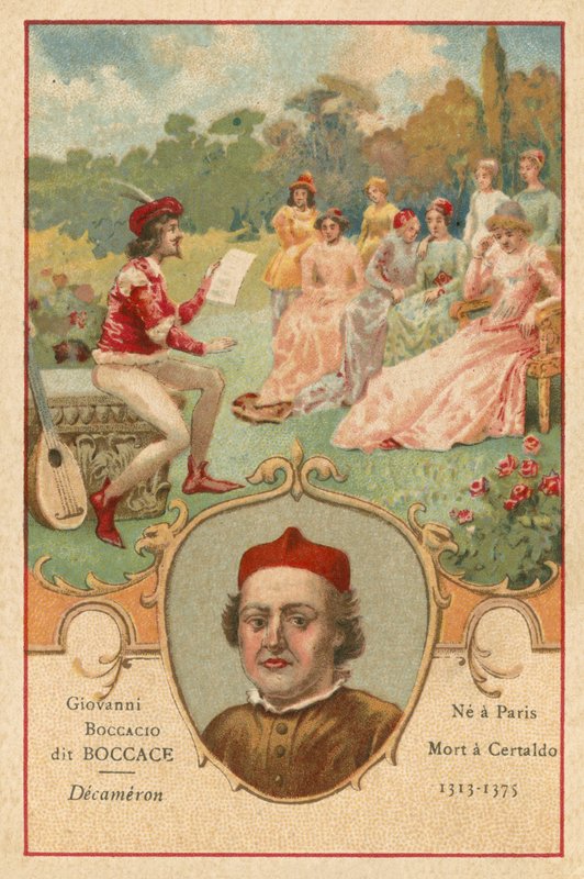 Giovanni Boccaccio, italiensk författare och poet, och en scen från Decameron av European School