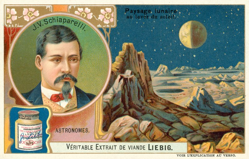 Giovanni Schiaparelli och månens yta vid soluppgången (chromolitho) av European School