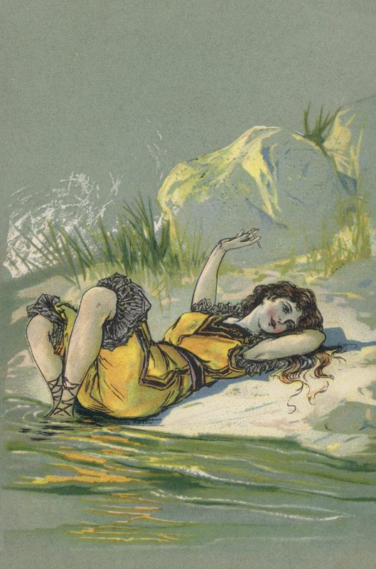 Flicka som vilar på en strand eller flodbank (färglitografi) av European School