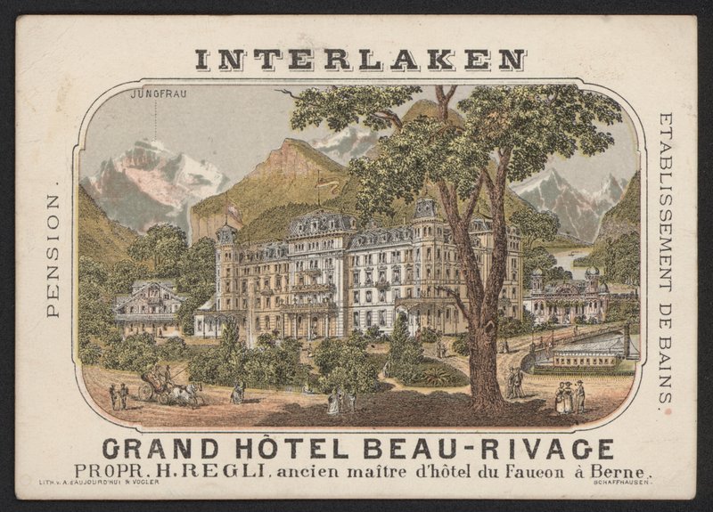 Grand Hotel Beau-Rivage, Interlaken (färgad gravyr) av European School