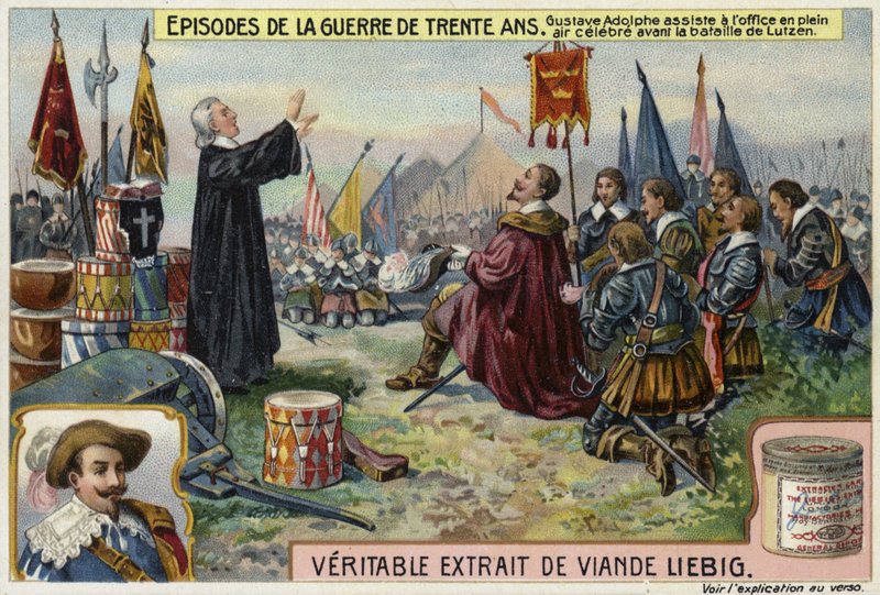 Gustavus Adolphus av Sverige deltar i en friluftstjänst före slaget vid Lutzen, Tyskland, 1632 av European School