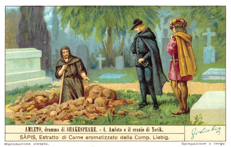 Hamlet överväger Yoricks skalle (chromolitho) av European School