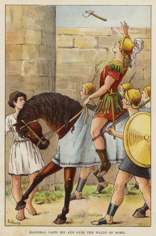 Hannibal kastar sin yxa över Roms murar (chromolitho) av European School