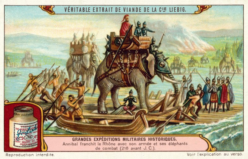 Hannibal korsar Rhône med sin armé och elefanter, 218 f.Kr. (chromolitho) av European School