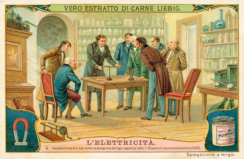 Hans Christian Oersted visar sina vänner magnetnålens avvikelse under påverkan av en elektrisk ström, 1820 av European School