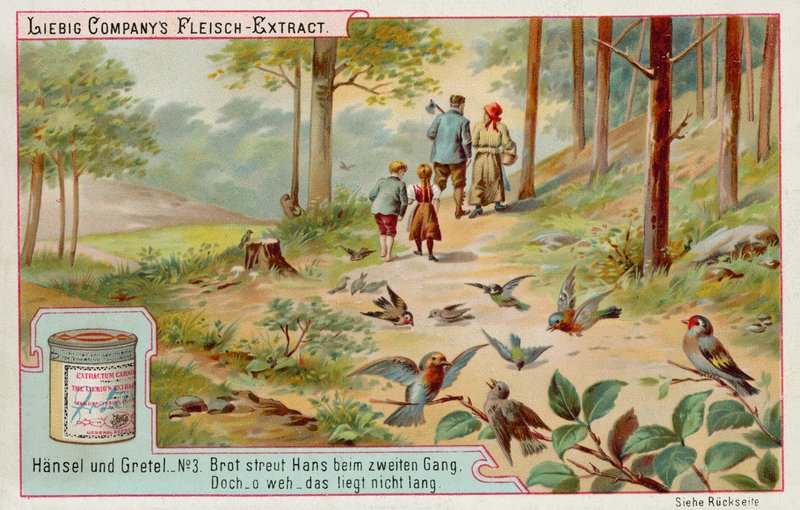 Hans och Gretel: Fåglar som äter spåret av brödsmulor som Hans lämnat för att hitta vägen hem (chromolitho) av European School