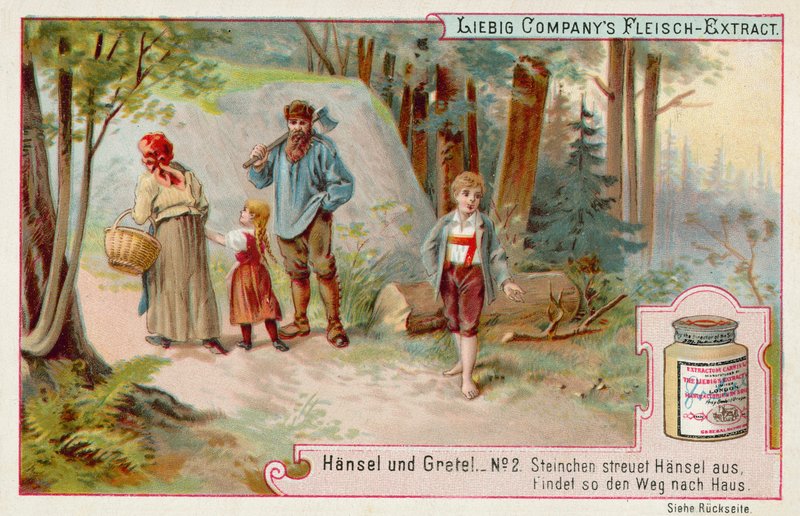 Hansel och Gretel: Hansel lämnar ett spår av småsten för att hitta vägen hem (chromolitho) av European School