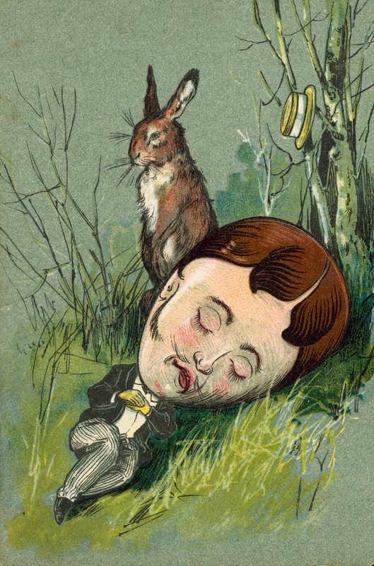 Hare sitter bredvid en sovande man på landsbygden (chromolitho) av European School
