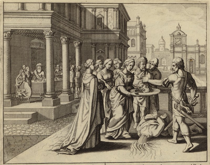Herodias tar emot Johannes Döparens huvud (gravyr) av European School