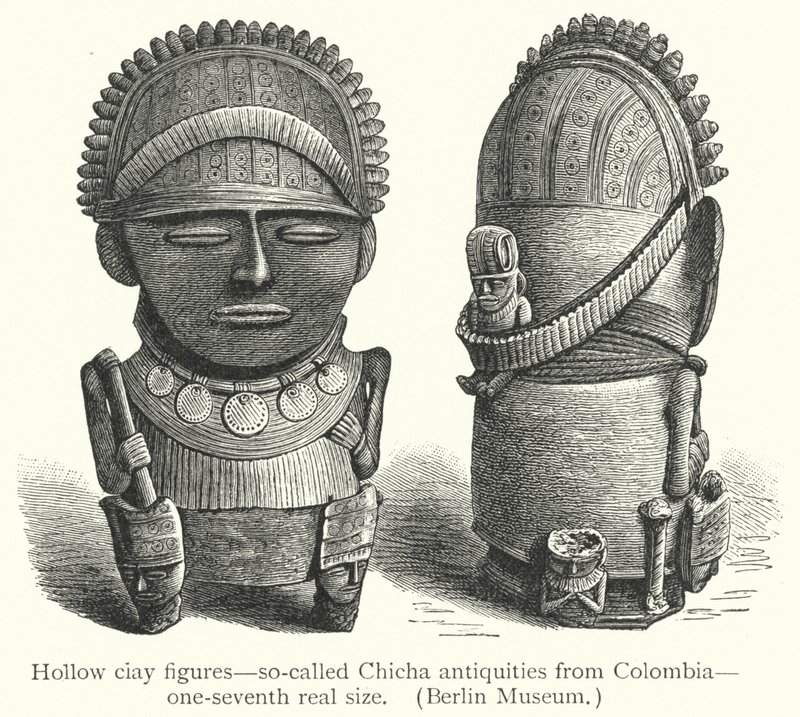Ihåliga ciayfigurer, så kallade Chicha-antikviteter från Colombia (gravyr) av European School