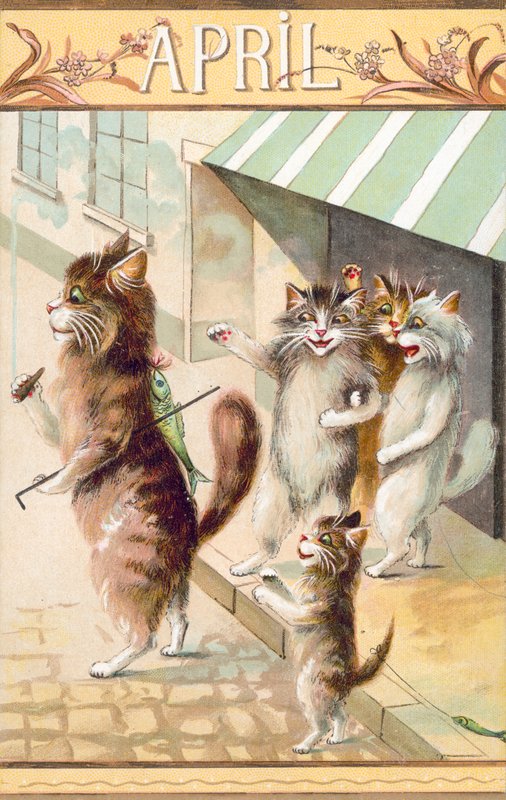 Humoristiskt kattvykort (färglitografi) av European School
