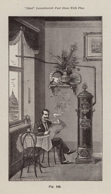 "Ideal" glödande bränslekamin med rökkanal (litho) av European School