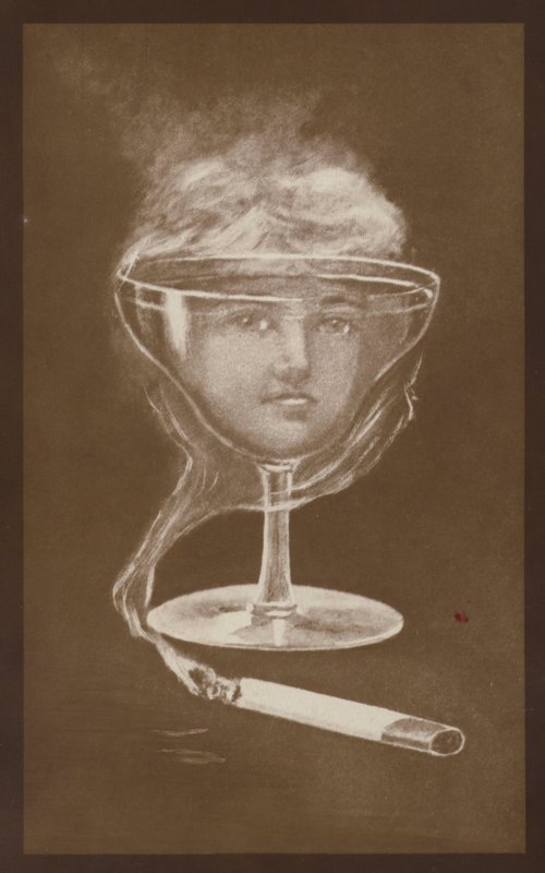 Bild av en kvinnas ansikte, skapad av ett vinglas och cigarettrök, ca 1917 (litografi) av European School