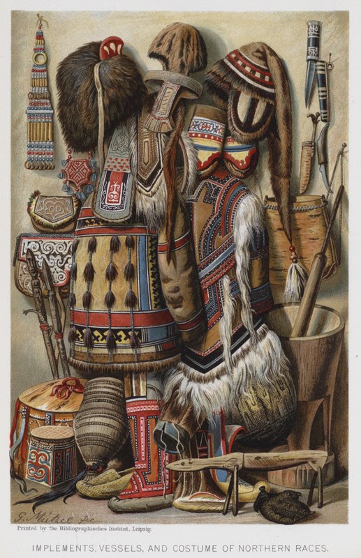 Redskap, kärl och dräkt för Northern Races (chromolitho) av European School