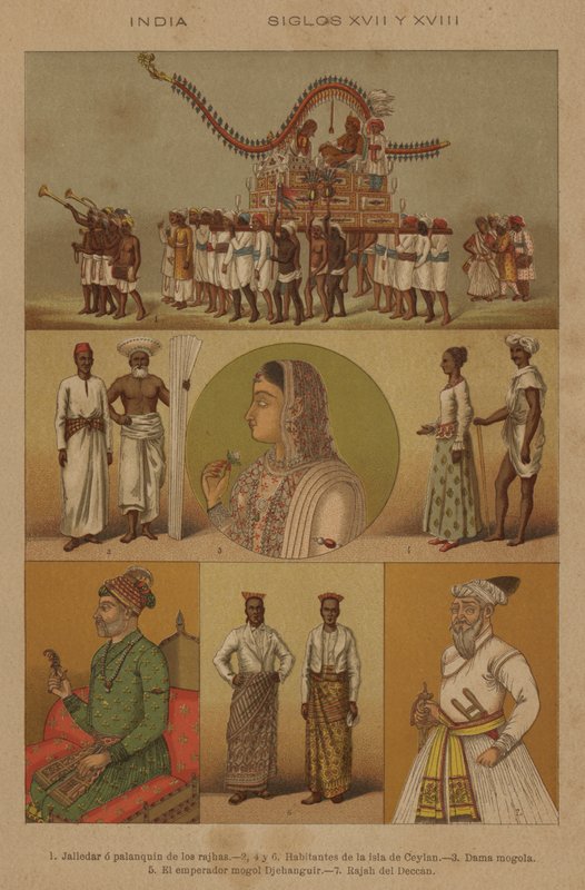 Indien, 1600- och 1700-talen (färg litho) av European School