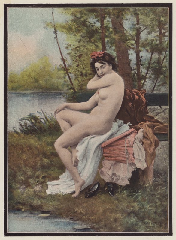 Indolens, kvinna som sitter på en bänk (färg litho) av European School