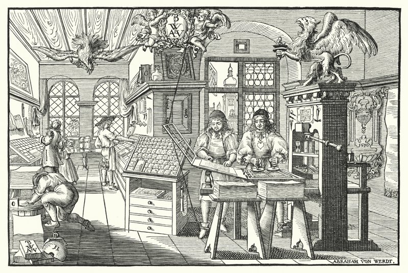 Interiör av en boktryckarverkstad, c1676 (gravyr) av European School