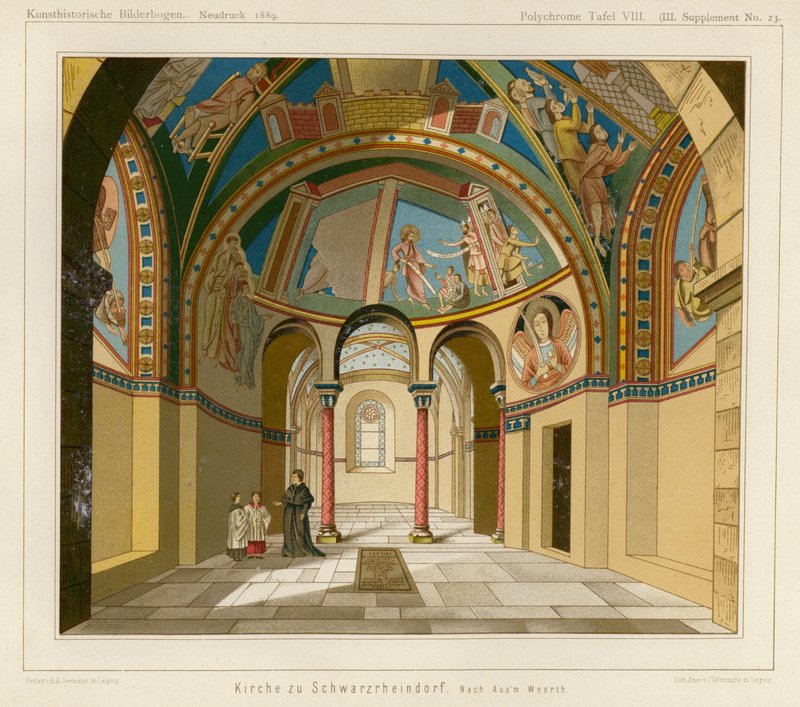Interiör av kyrkan Schwarzrheindorf, Bonn, Tyskland (färg litho) av European School