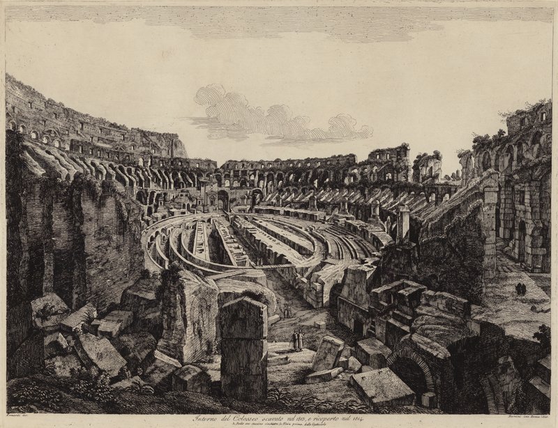 Interiör av Colosseum i Rom, utgrävd 1813 och öppnad 1814 (gravyr) av European School