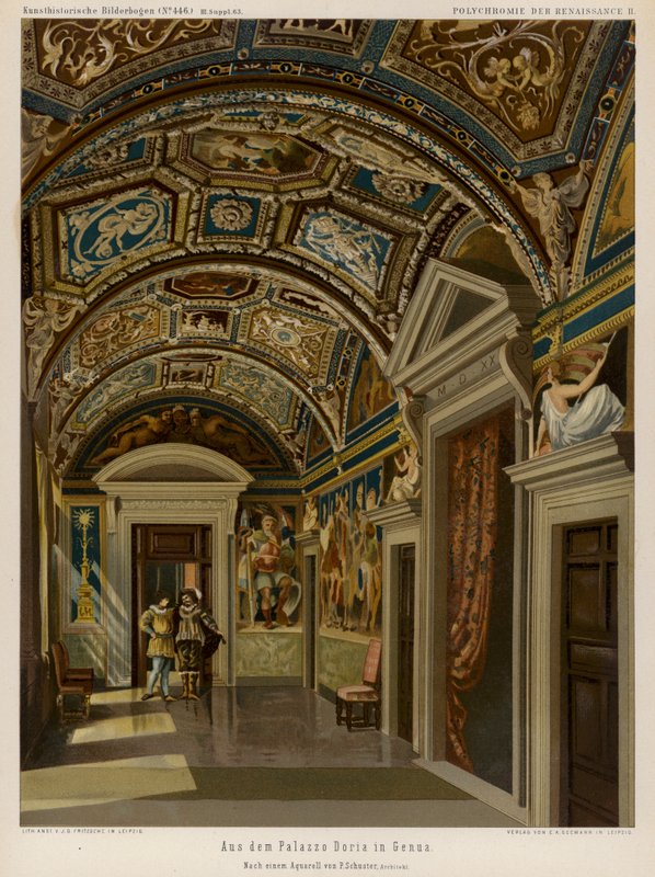 Interiör av Palazzo Doria, Genua, Italien (färg litho) av European School