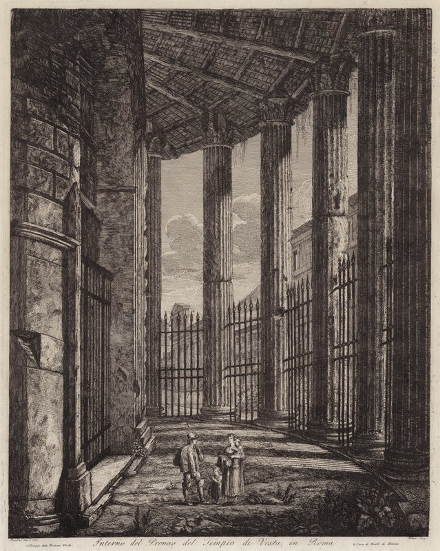 Interiör av portiken i Vesta-templet, Rom, Italien (gravyr) av European School