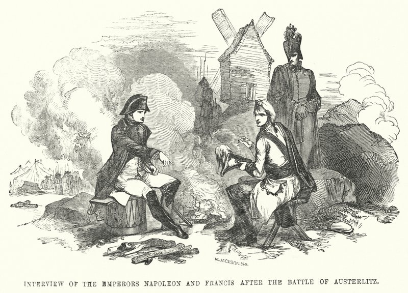 Intervju med kejsarna Napoleon och Franciskus efter slaget vid Austerlitz (gravyr) av European School
