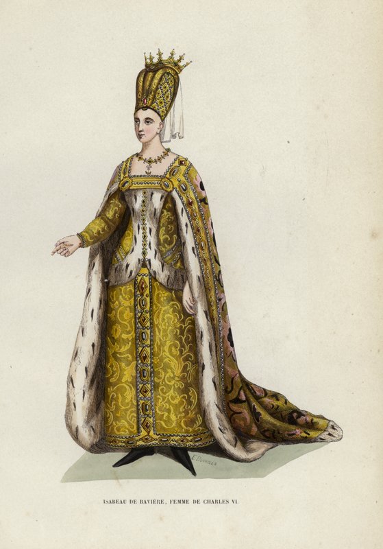 Isabeau De Baviere, hustru till Charles VI (färgad gravyr) av European School