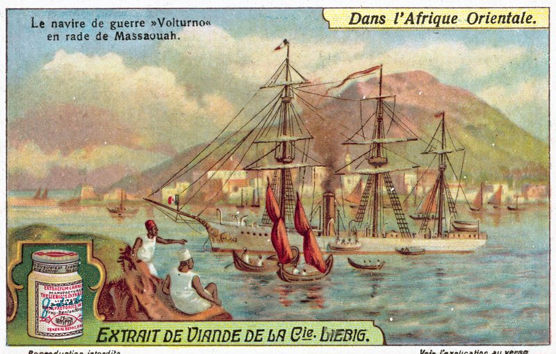 Italienska krigsfartyget Volturno i hamnen i Massawa, Eritrea (chromolitho) av European School