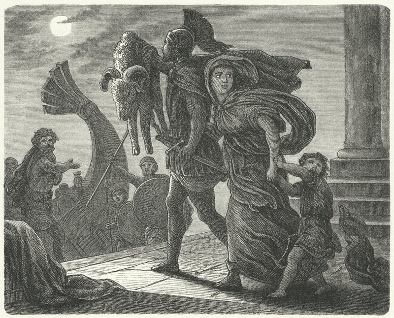 Jason flyr från Colchis med Medea och det gyllene skinnet på Argo (gravyr) av European School