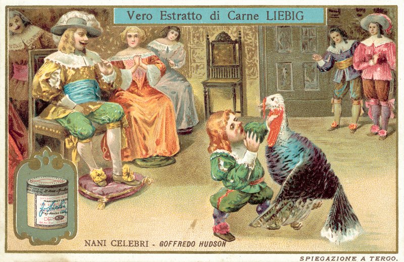 Jeffrey Hudson, engelsk hovdvärg och gycklare vid kung Charles I:s hov och drottning Henrietta Maria (chromolitho) av European School